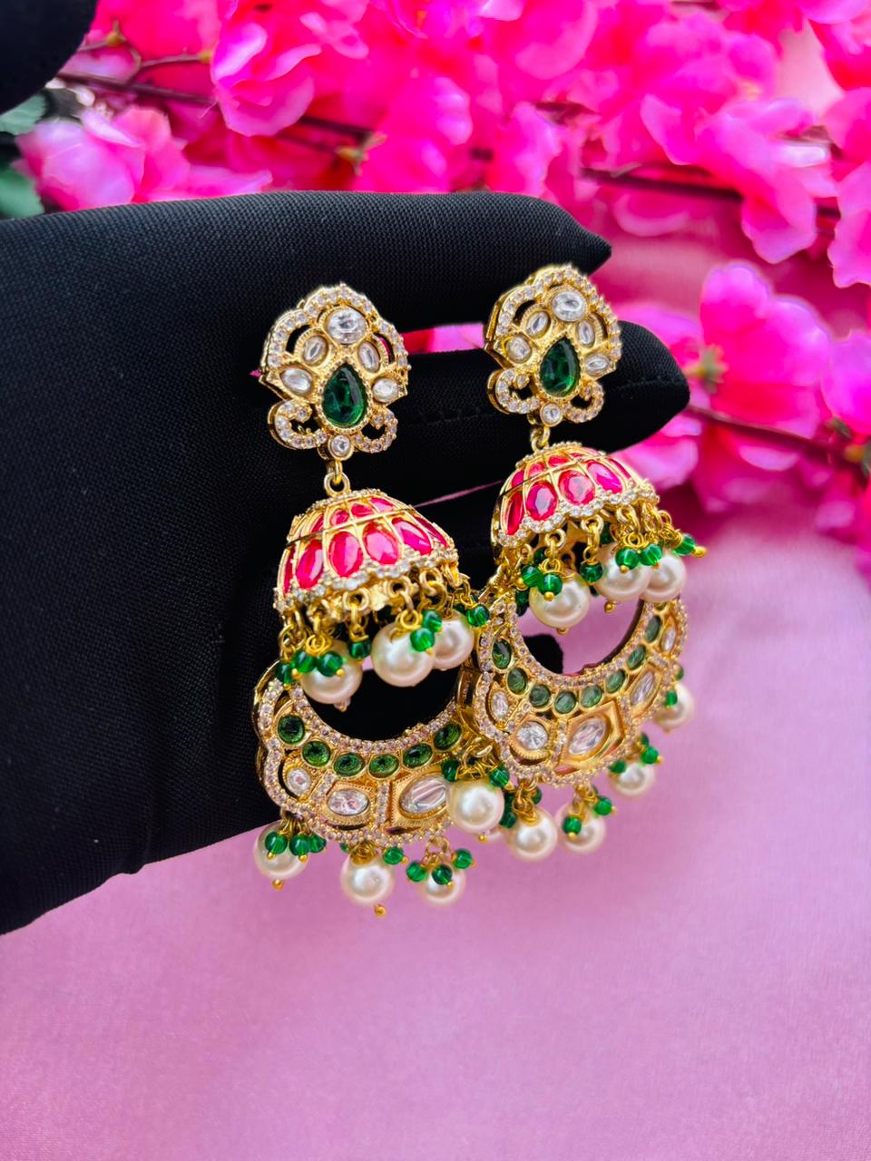 Multicolor Kundan Chandbali Jhumkas with Ruby and Emerald Accents - Image 7