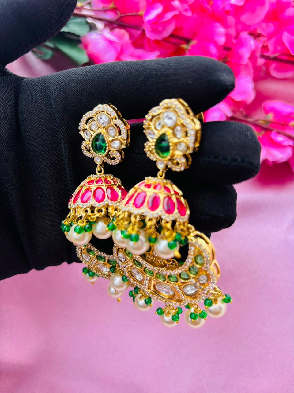 Multicolor Kundan Chandbali Jhumkas with Ruby and Emerald Accents - Image 5