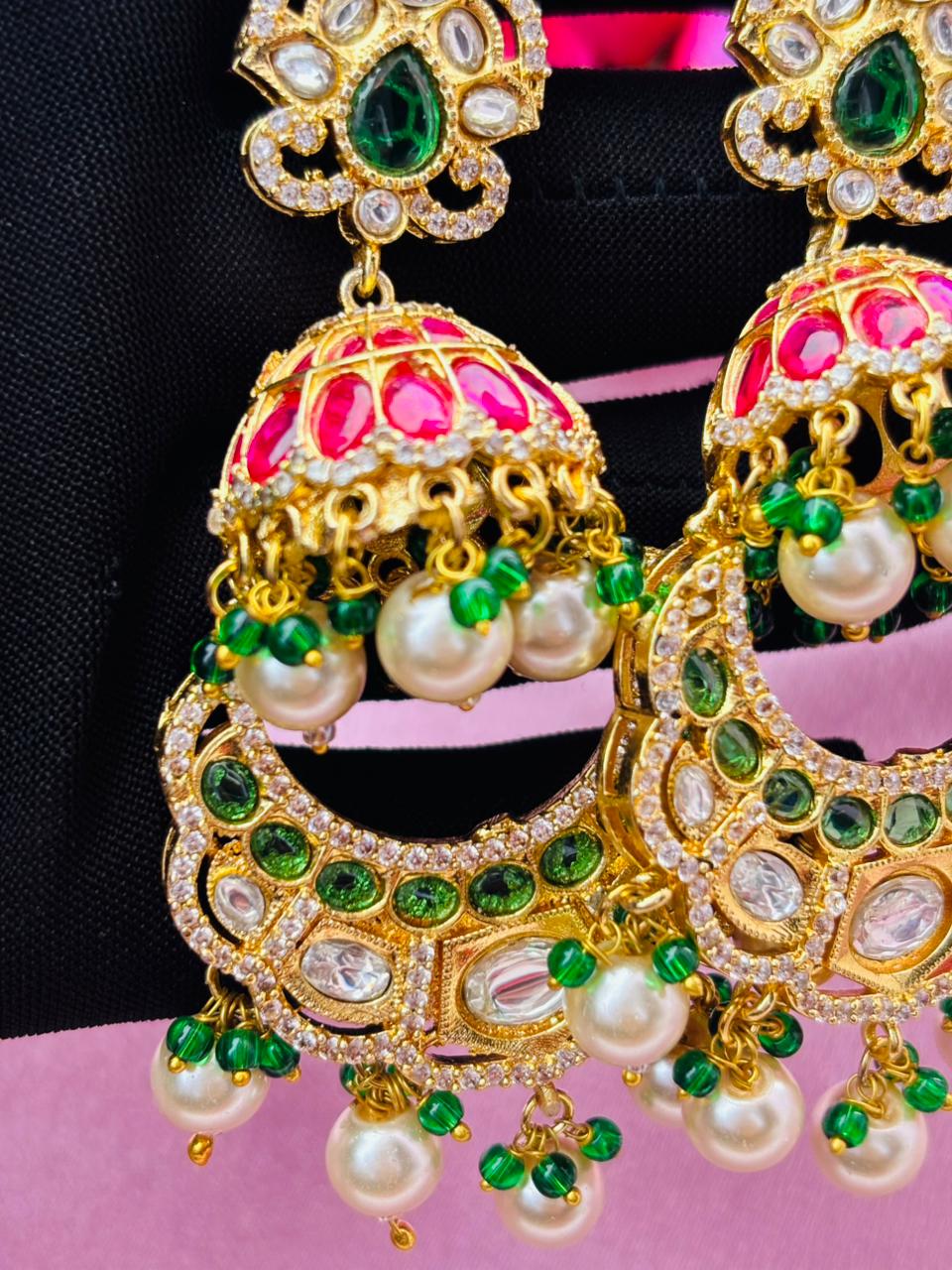 Multicolor Kundan Chandbali Jhumkas with Ruby and Emerald Accents - Image 4