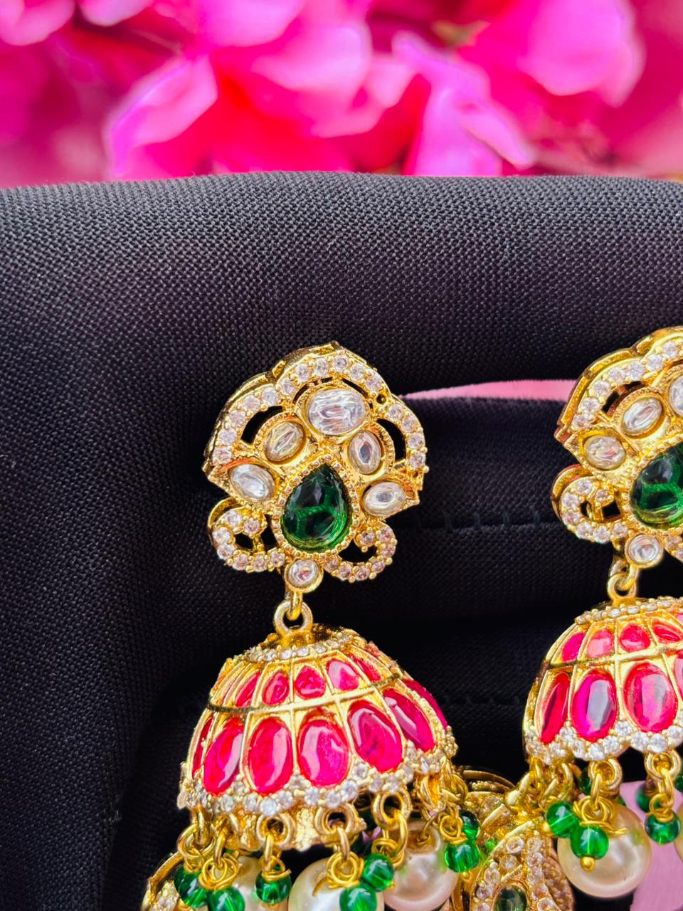 Multicolor Kundan Chandbali Jhumkas with Ruby and Emerald Accents - Image 2