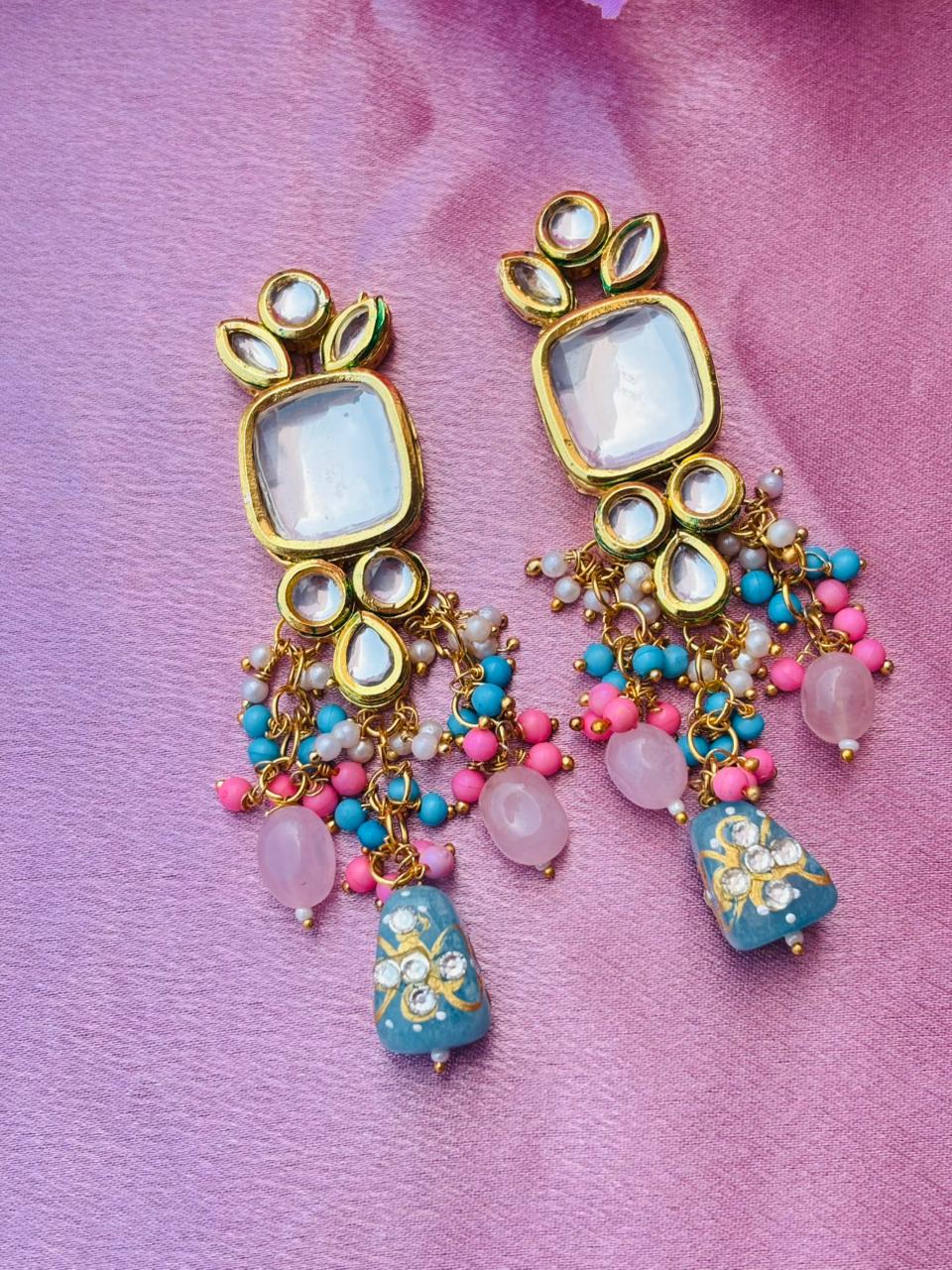 Handcrafted Kundan & Multicolored Beaded Dangle Earrings - Image 2