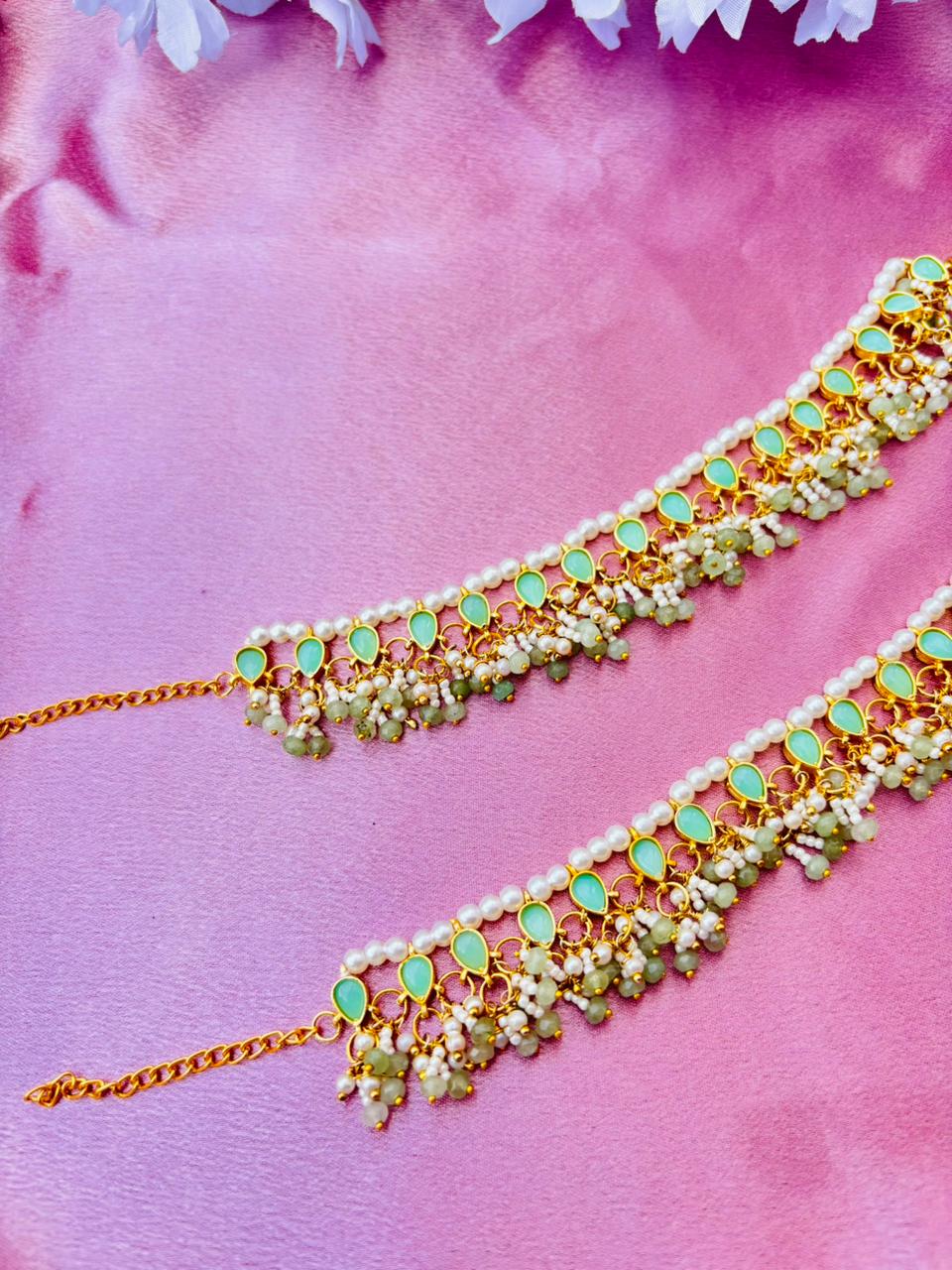 Mint Green Stone and Pearl Embellished Anklets - Image 2