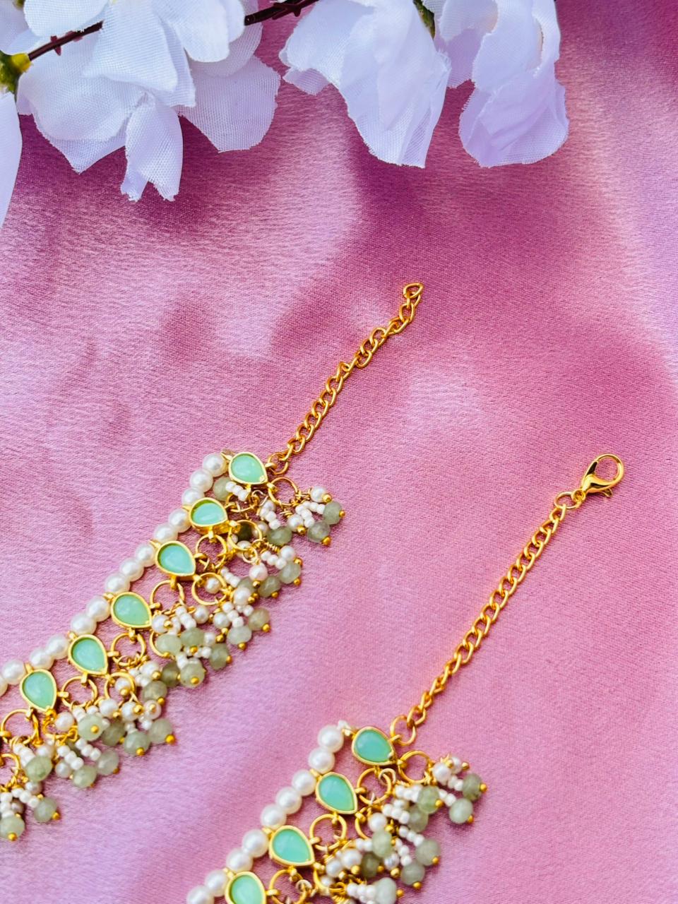 Mint Green Stone and Pearl Embellished Anklets - Image 5