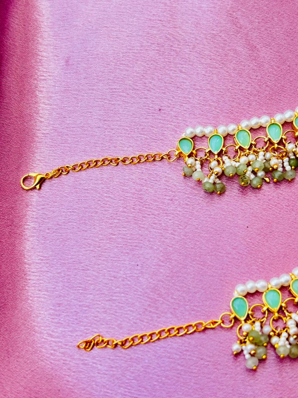 Mint Green Stone and Pearl Embellished Anklets - Image 4