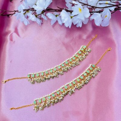 Mint Green Stone and Pearl Embellished Anklets