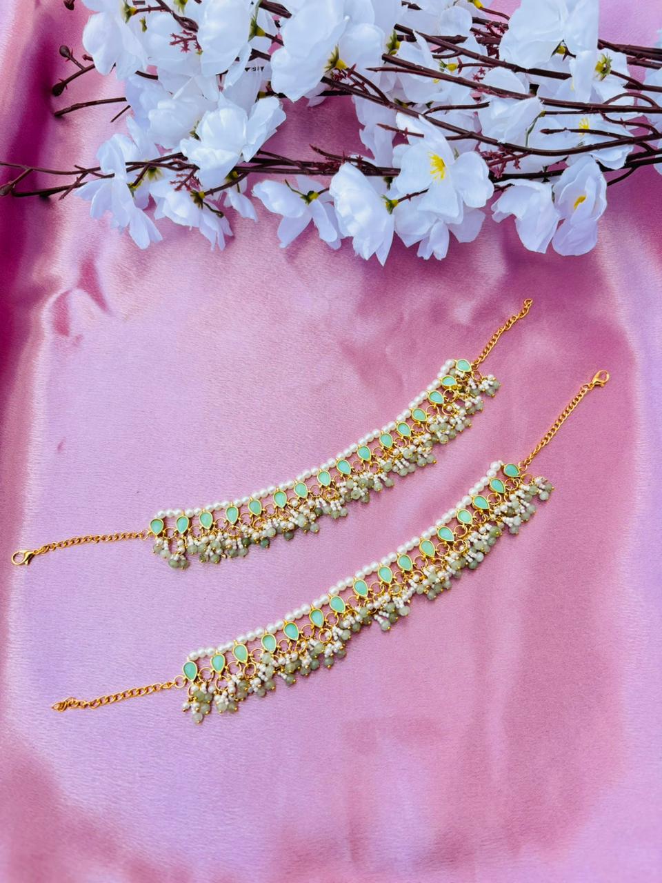 Mint Green Stone and Pearl Embellished Anklets