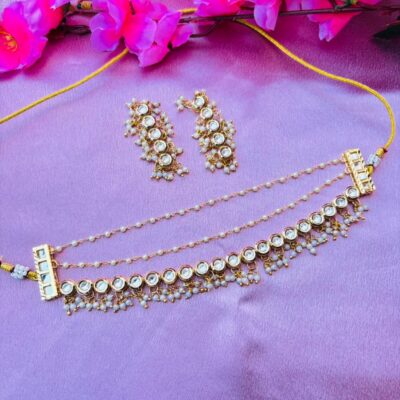 Kundan Circular Stone Choker Necklace Set with Earrings