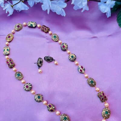 Antique Oxidized Beaded Necklace Set with Pearl & Multicolor Stones