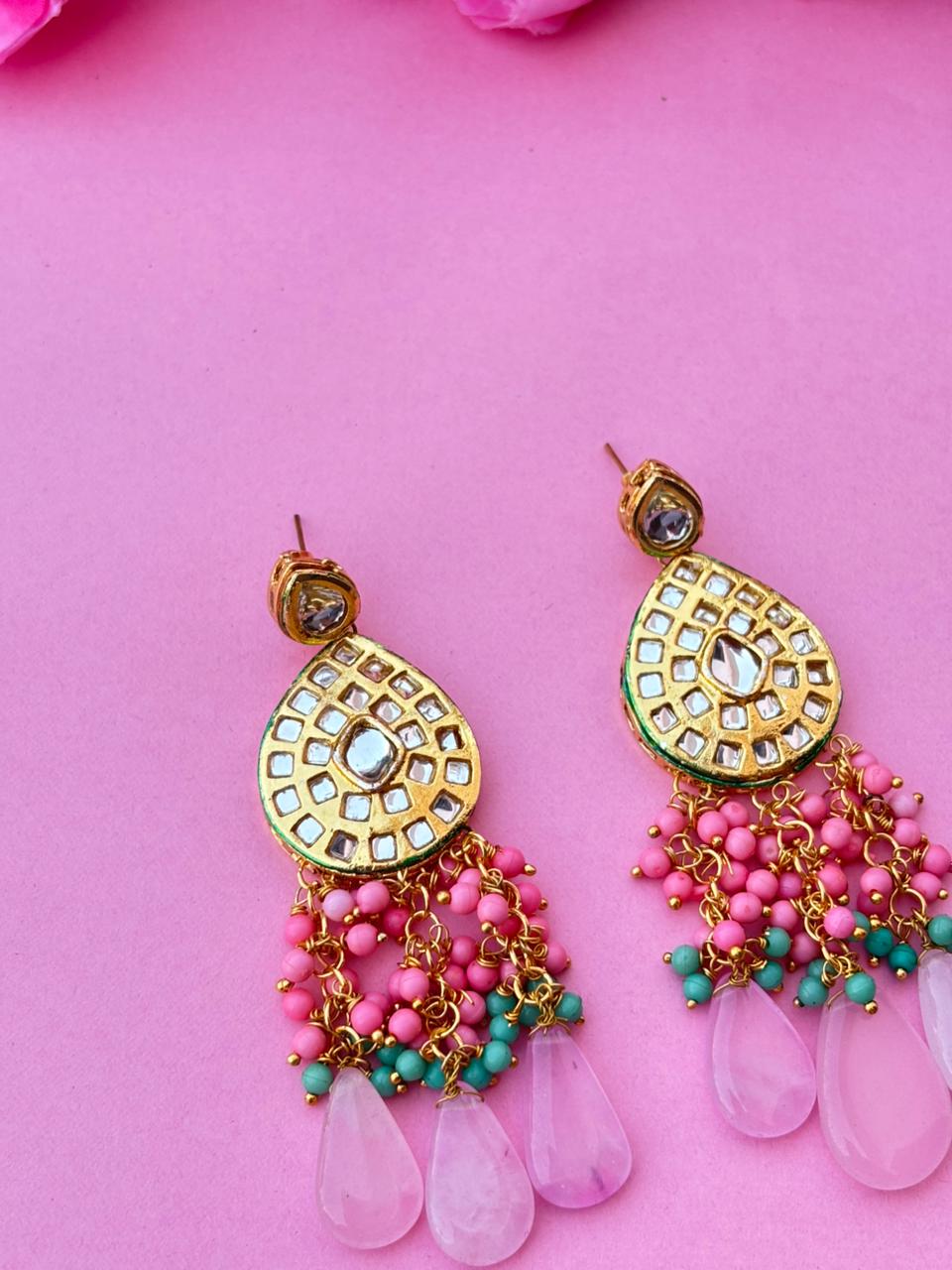 Elegant Kundan Drop Earrings with Pink & Turquoise Beads - Image 2