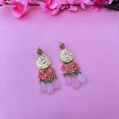 Elegant Kundan Drop Earrings with Pink & Turquoise Beads