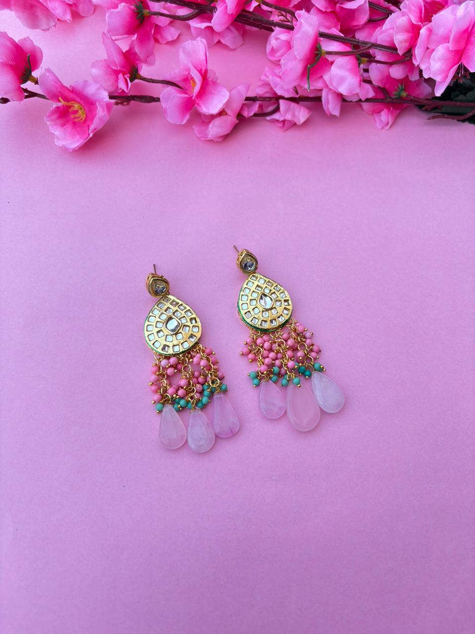 Elegant Kundan Drop Earrings with Pink & Turquoise Beads