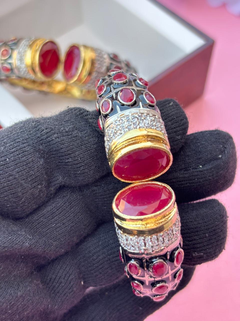 White Rhodium Plated Ruby Synthetic Stone Openable Kada (Pack Of 1) - Image 4