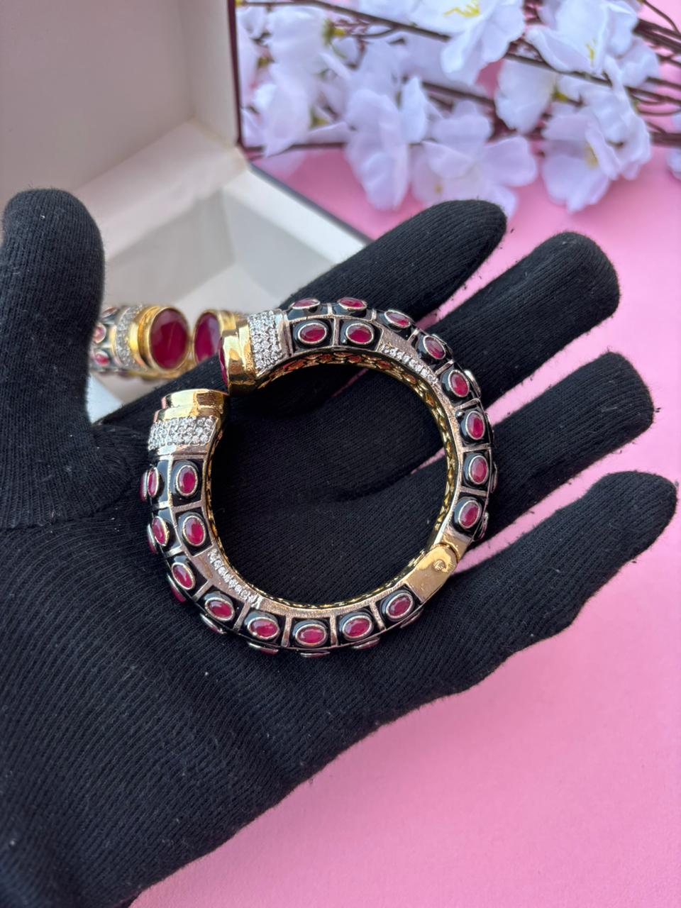 White Rhodium Plated Ruby Synthetic Stone Openable Kada (Pack Of 1) - Image 3