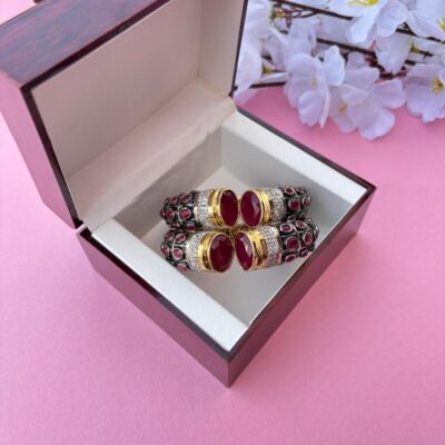 White Rhodium Plated Ruby Synthetic Stone Openable Kada (Pack Of 1)