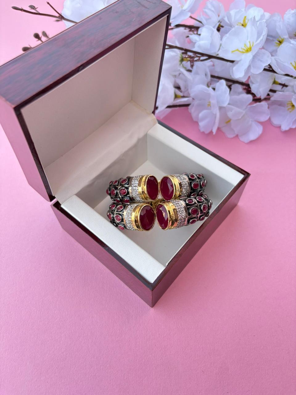 White Rhodium Plated Ruby Synthetic Stone Openable Kada (Pack Of 1)
