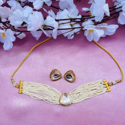 Multi-Layer Pearl Beads Kundan Choker Necklace Set with Earrings
