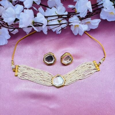 Multi-Layer Pearl Beads Kundan Choker Necklace Set with Earrings