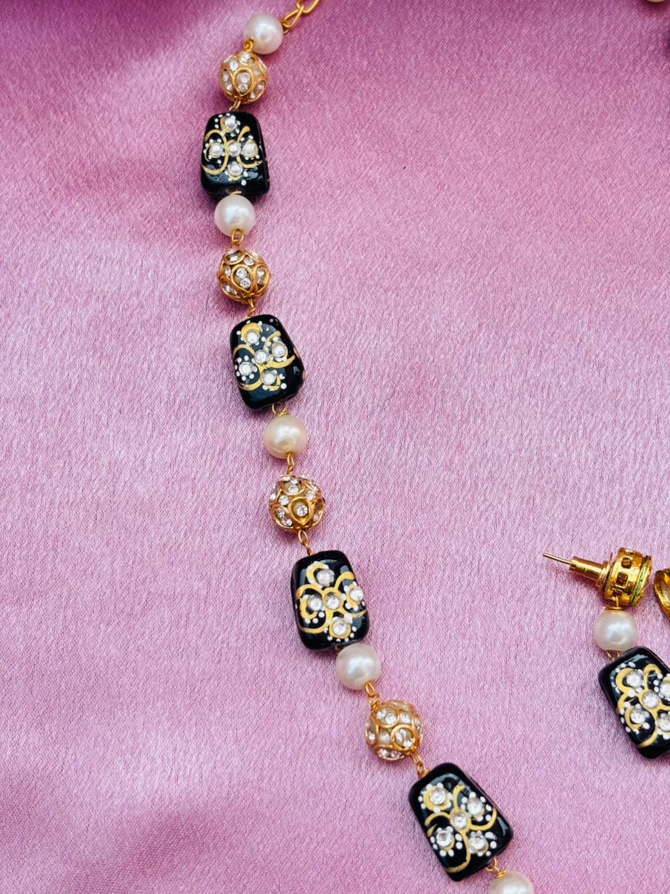Black Meenakari Beads Necklace Set with Matching Earrings - Image 3