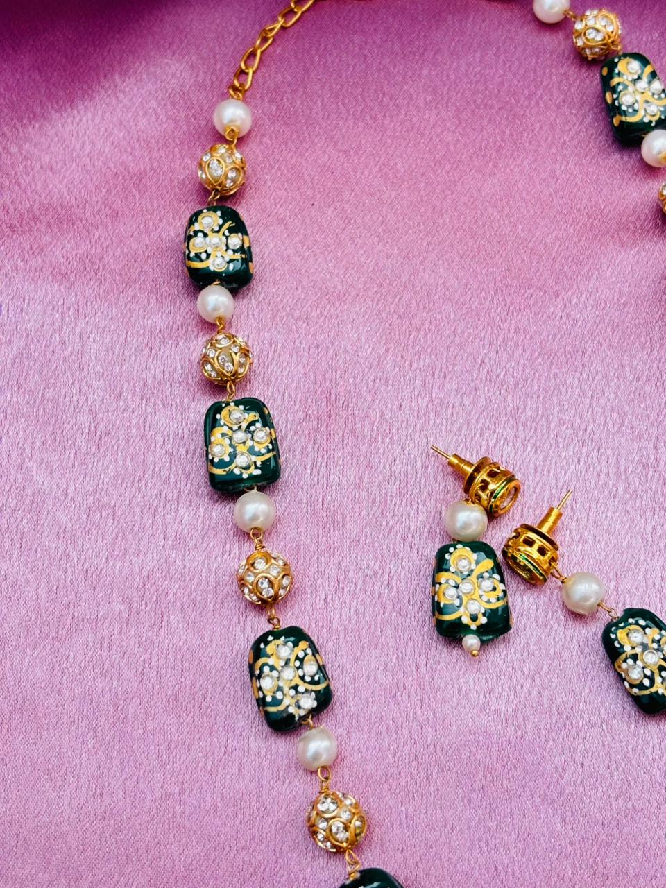 Green Meenakari Beads Necklace Set with Matching Earrings - Image 5