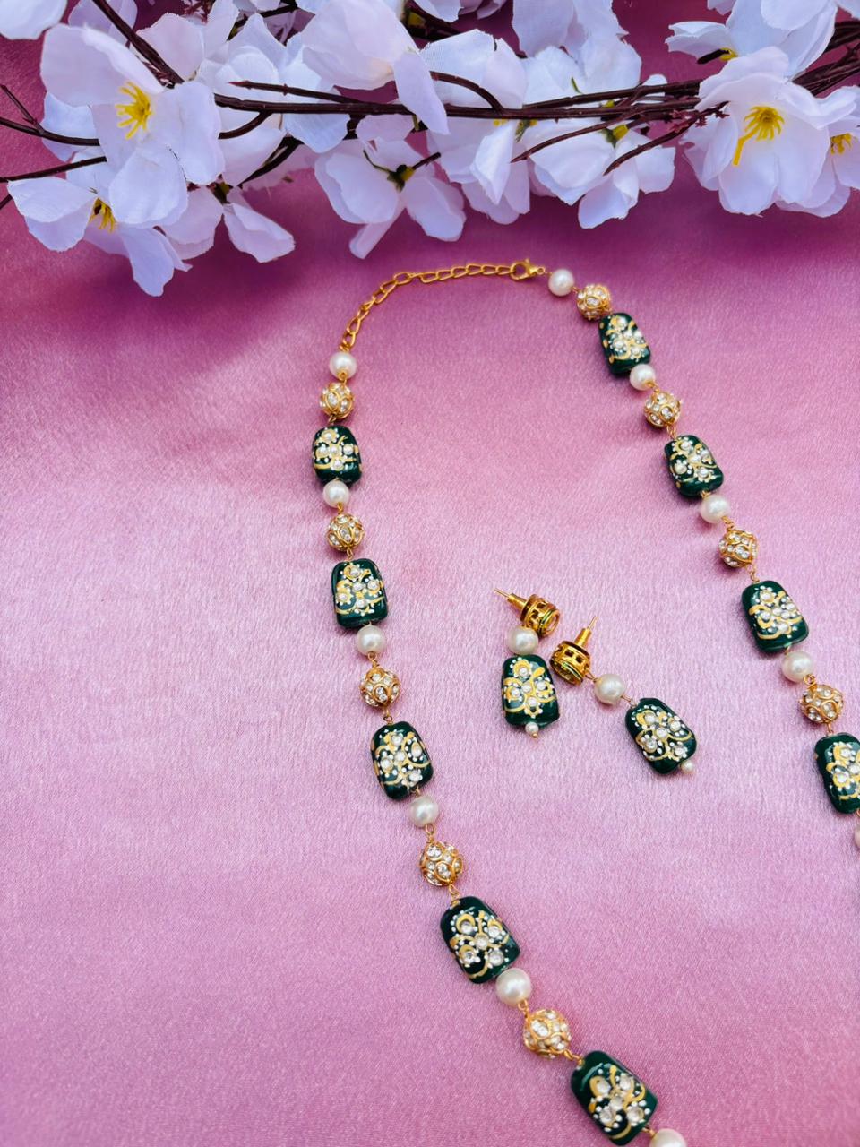 Green Meenakari Beads Necklace Set with Matching Earrings - Image 3