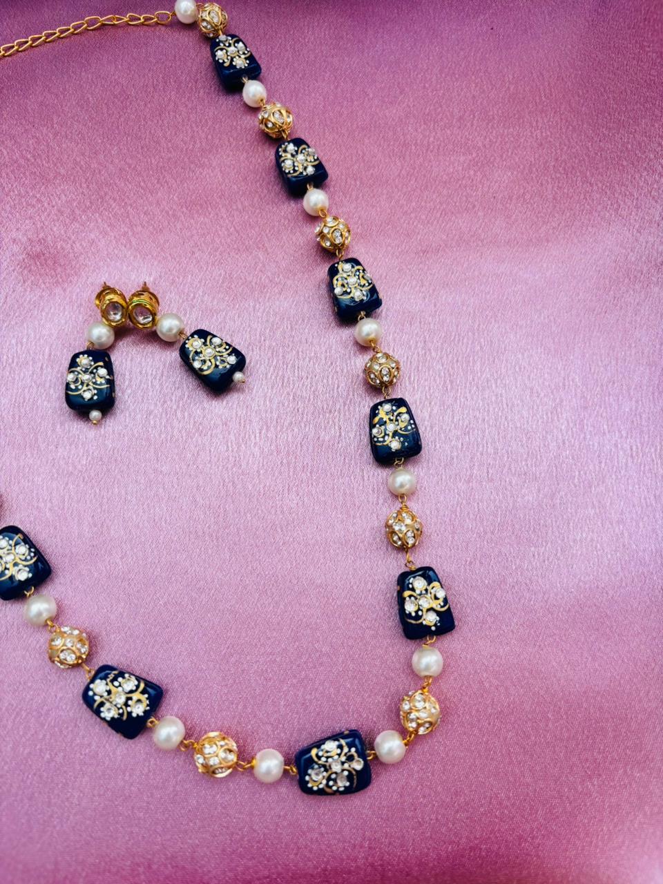 Blue Meenakari Beads Necklace Set with Matching Earrings - Image 5