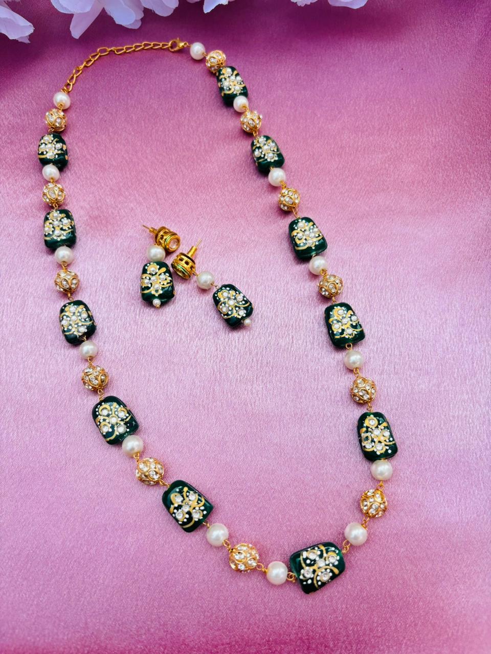 Green Meenakari Beads Necklace Set with Matching Earrings - Image 2