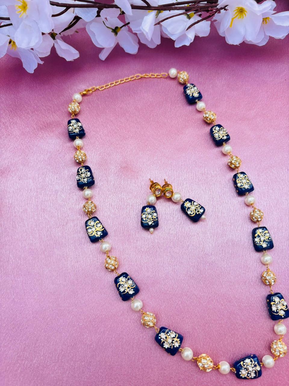 Blue Meenakari Beads Necklace Set with Matching Earrings - Image 3