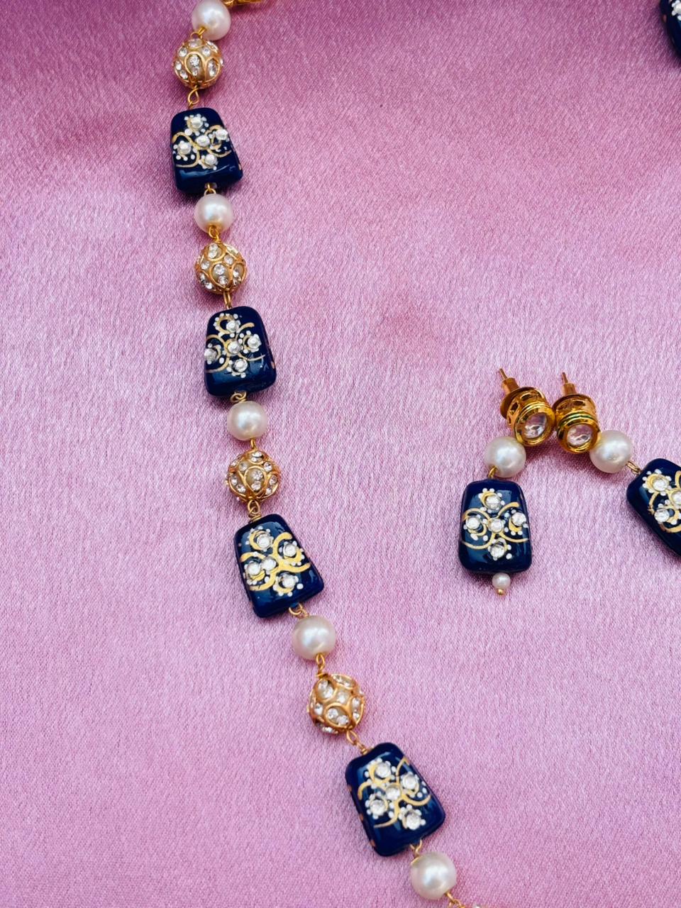 Blue Meenakari Beads Necklace Set with Matching Earrings - Image 2