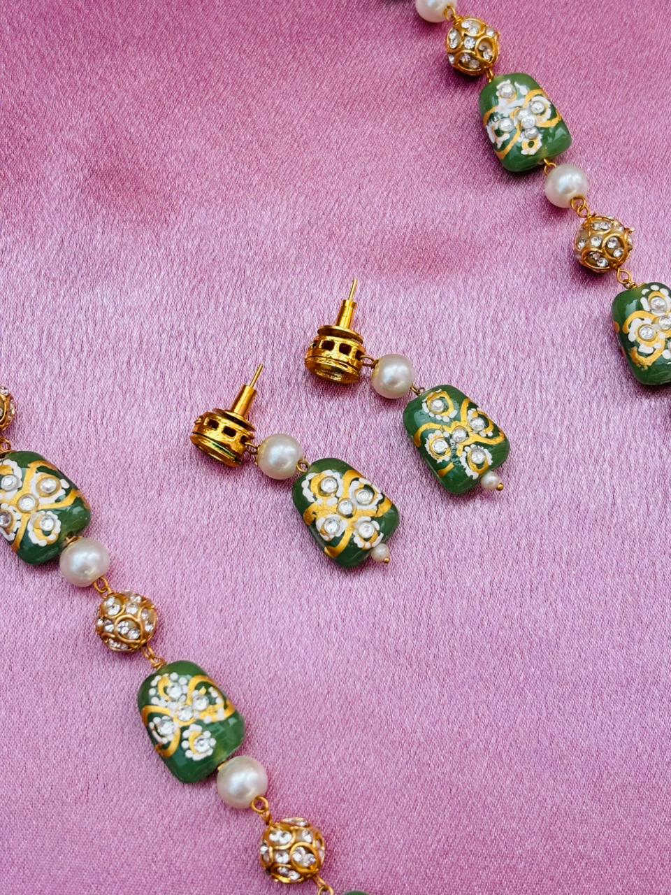 Green Meenakari Beads Necklace Set with Matching Earrings - Image 4