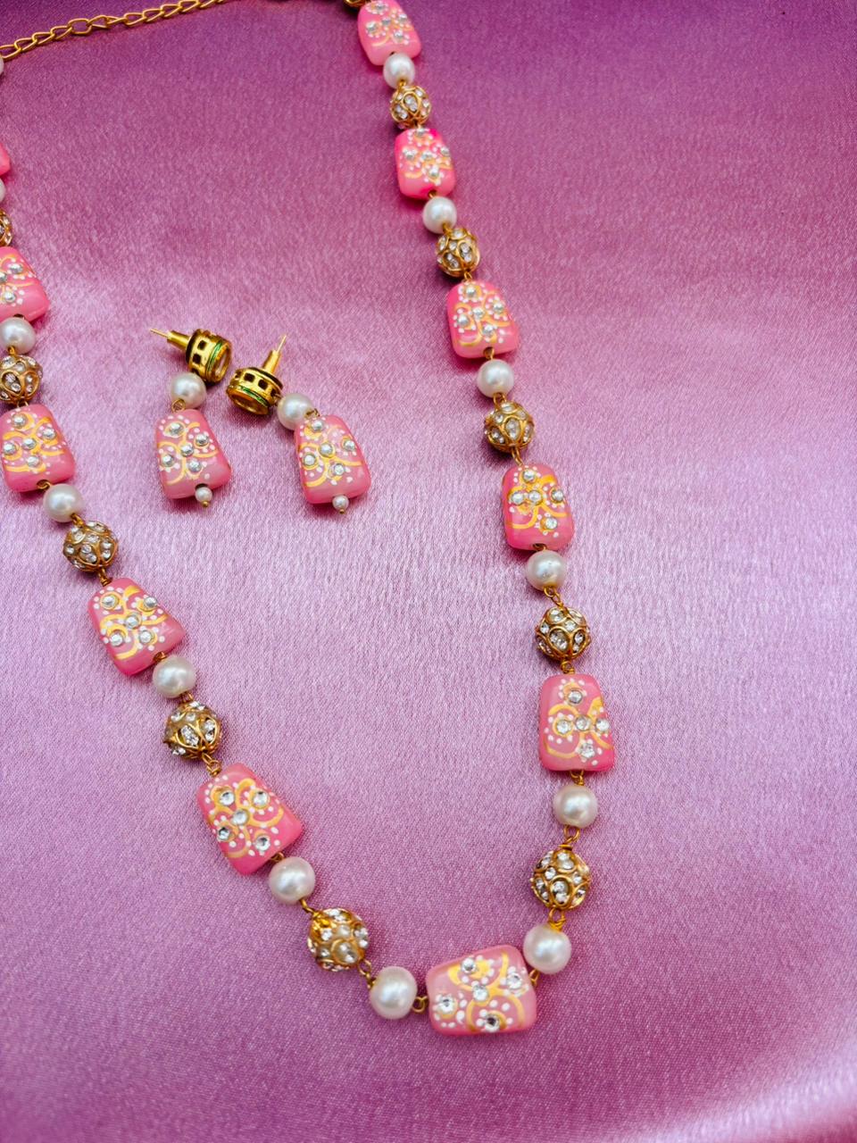 Pink Meenakari Beads Necklace Set with Matching Earrings - Image 3