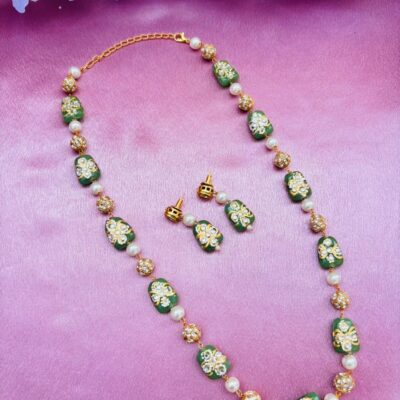 Green Meenakari Beads Necklace Set with Matching Earrings