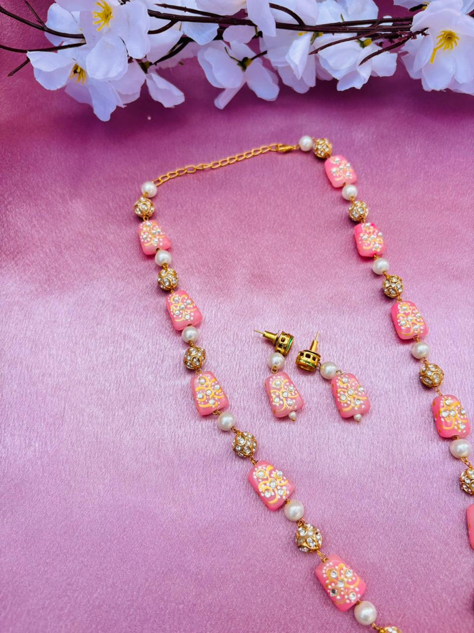 Pink Meenakari Beads Necklace Set with Matching Earrings - Image 2