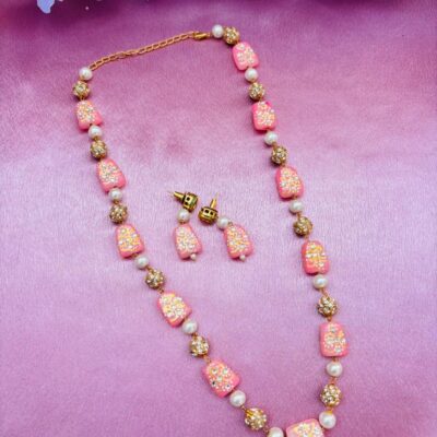Pink Meenakari Beads Necklace Set with Matching Earrings