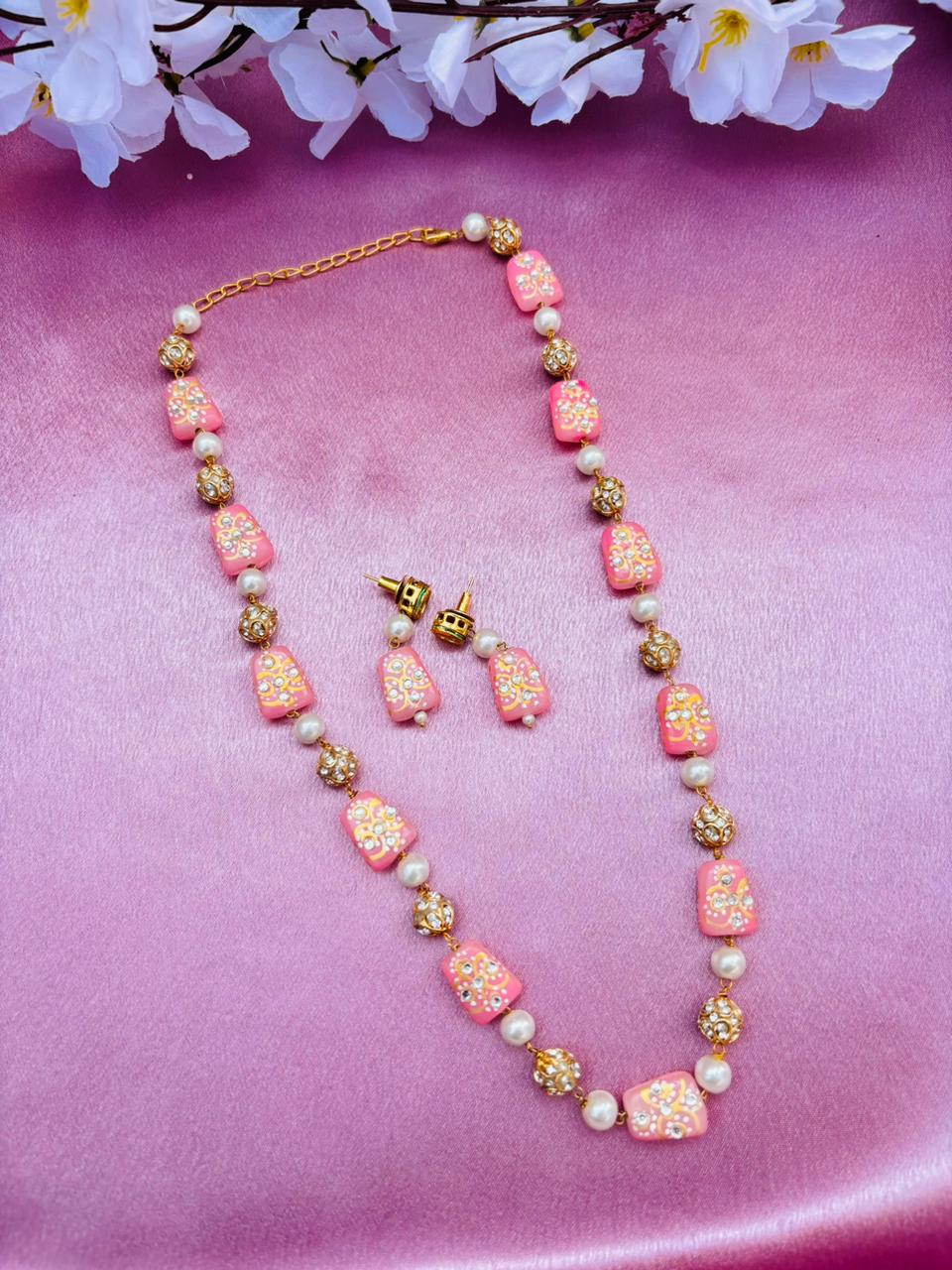 Pink Meenakari Beads Necklace Set with Matching Earrings