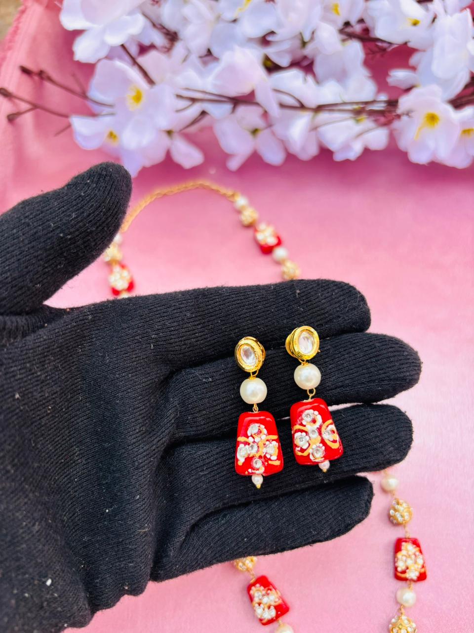Red Meenakari Beads Necklace Set with Matching Earrings - Image 4