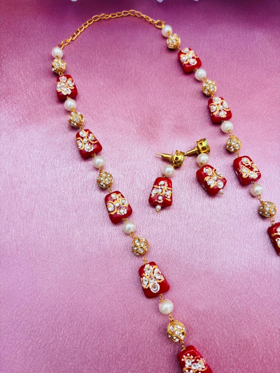 Red Meenakari Beads Necklace Set with Matching Earrings - Image 2