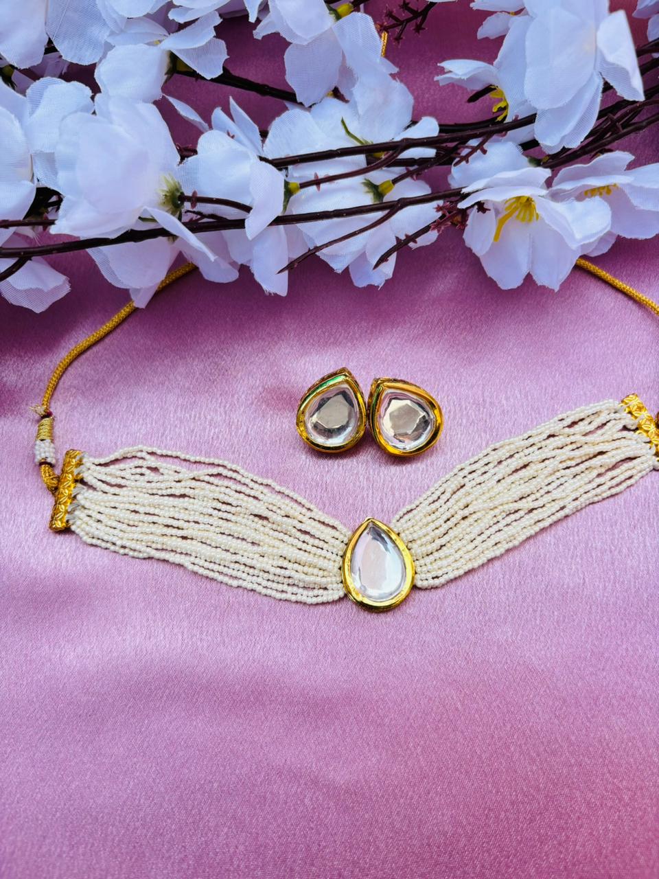 Multi-Layer Pearl Beads Kundan Choker Necklace Set with Earrings - Image 3