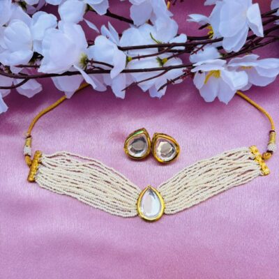 Multi-Layer Pearl Beads Kundan Choker Necklace Set with Earrings