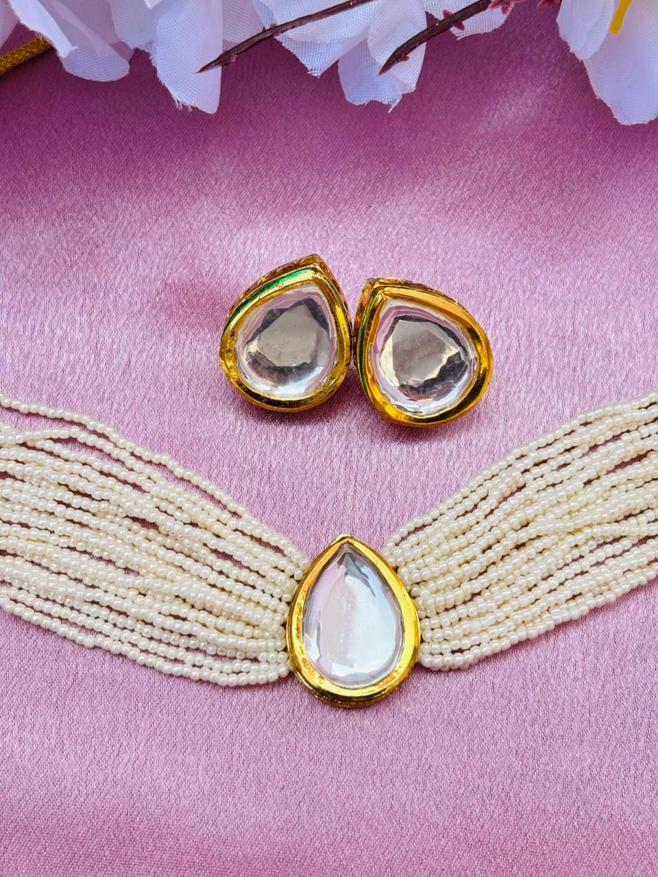 Multi-Layer Pearl Beads Kundan Choker Necklace Set with Earrings - Image 2