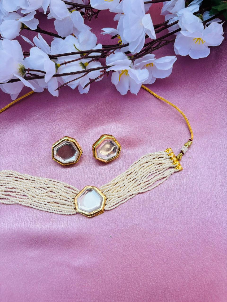 Multi-Layer Pearl Beads Kundan Choker Necklace Set with Earrings - Image 3