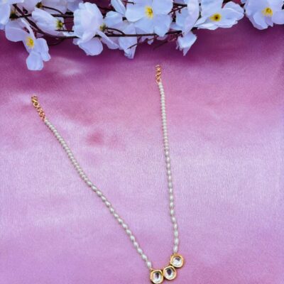 Freshwater Pearl Chain Necklace with Kundan Triple Stone Pendant