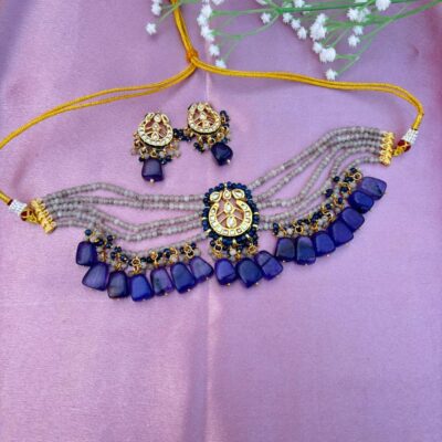 Designer Purple and Grey Beaded Choker Set with Kundan Motif