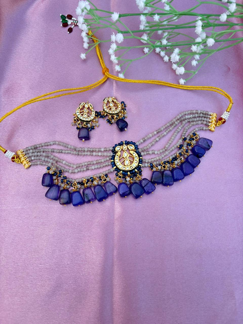 Designer Purple and Grey Beaded Choker Set with Kundan Motif