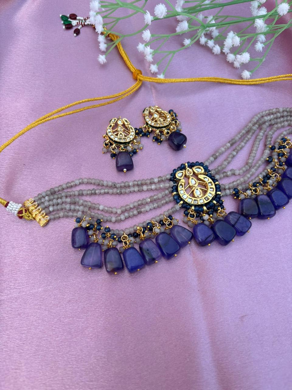Designer Purple and Grey Beaded Choker Set with Kundan Motif - Image 2