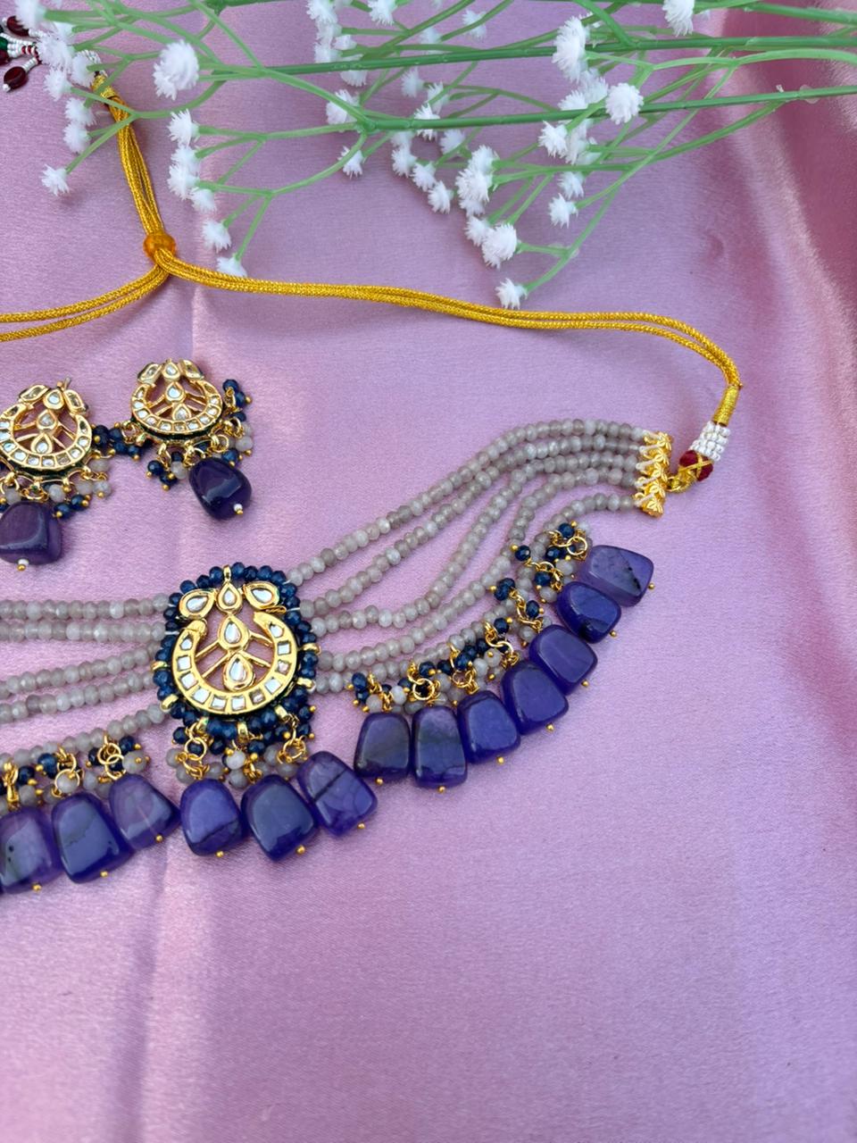 Designer Purple and Grey Beaded Choker Set with Kundan Motif - Image 6
