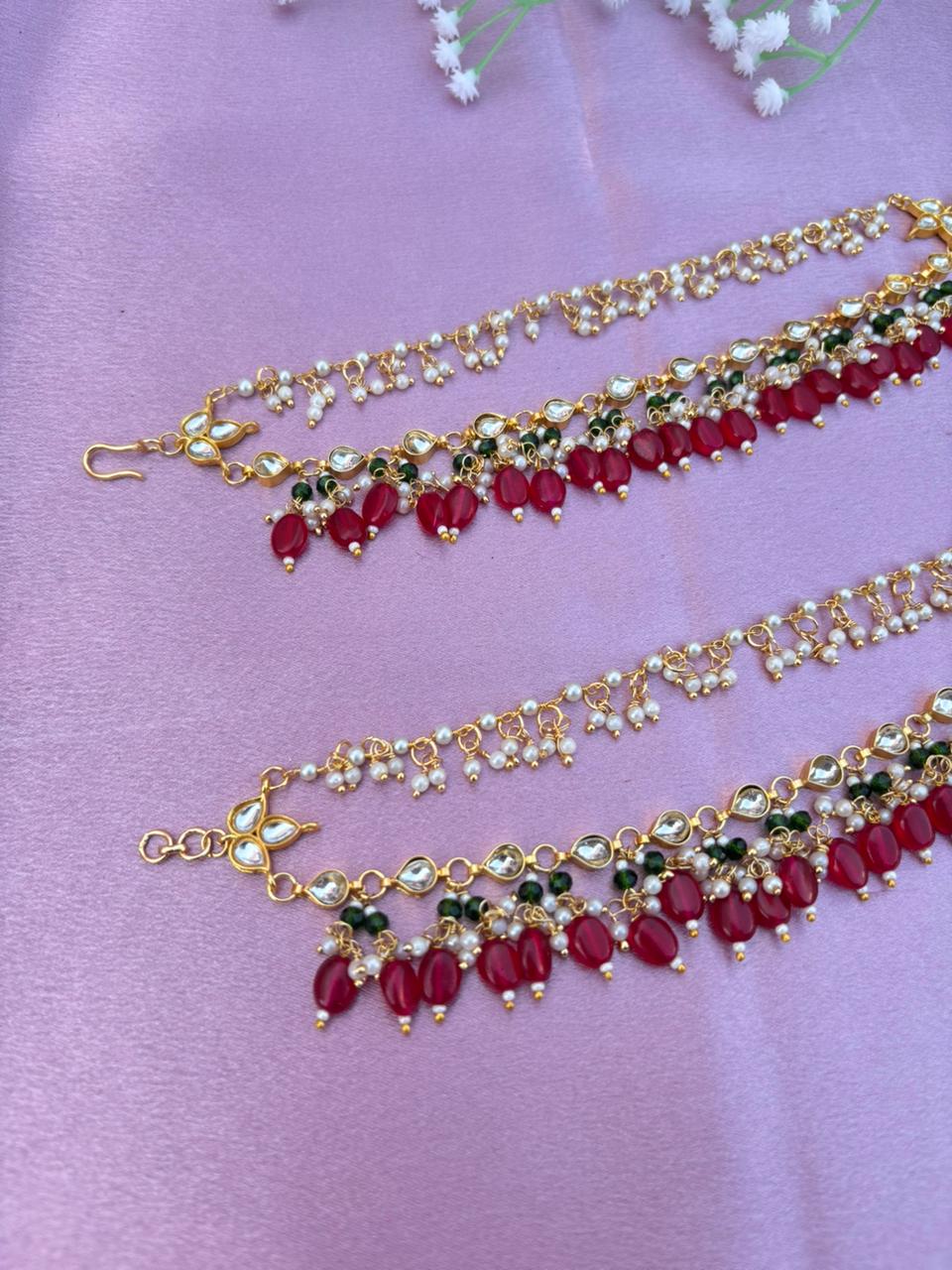 The Naaz: Elegant Kundan, Pearl & Ruby-Red Beaded Ear Sahara - Image 3