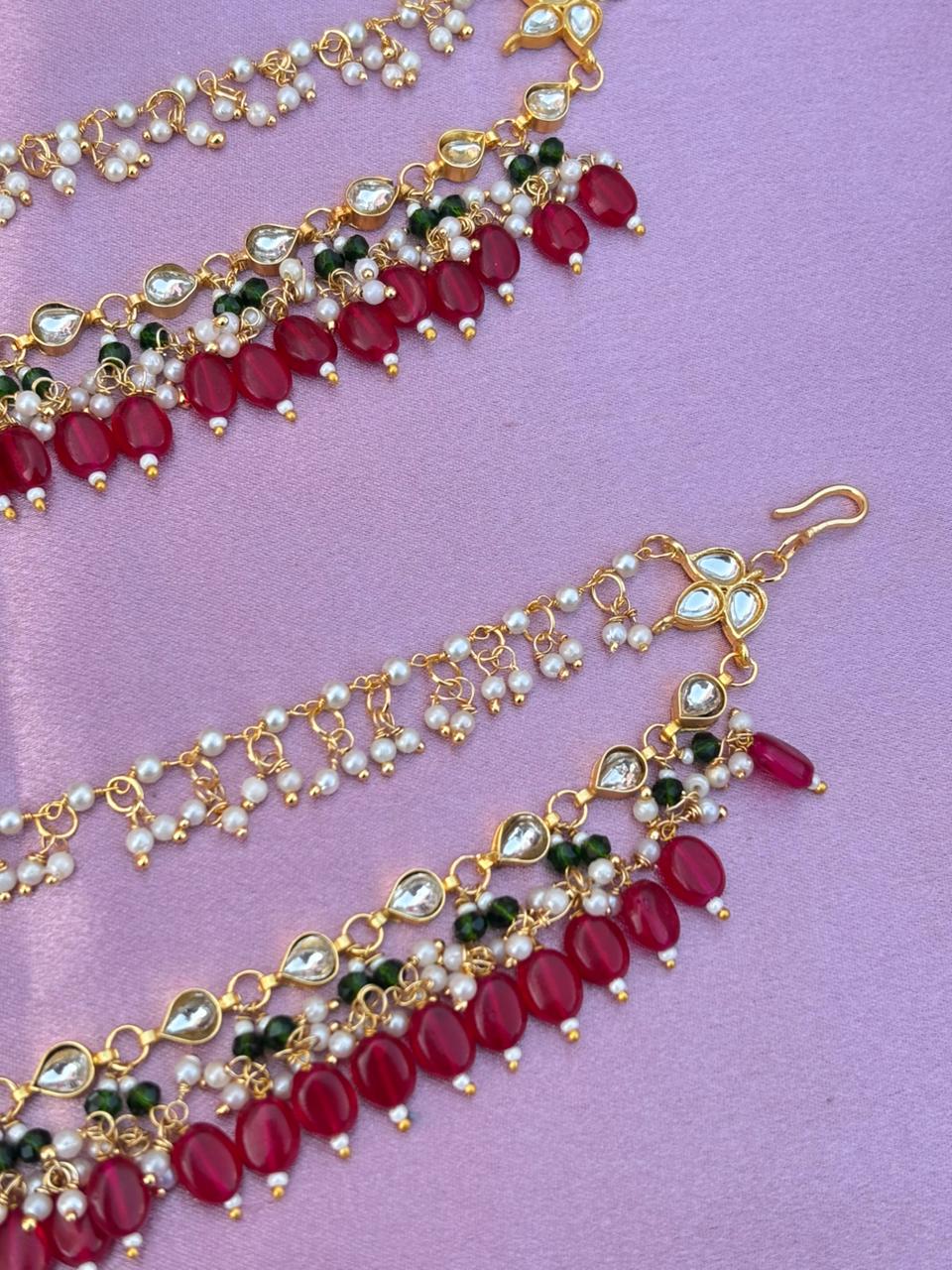 The Naaz: Elegant Kundan, Pearl & Ruby-Red Beaded Ear Sahara - Image 5