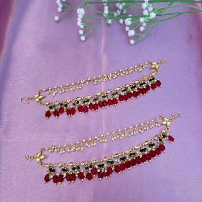 The Naaz: Elegant Kundan, Pearl & Ruby-Red Beaded Ear Sahara
