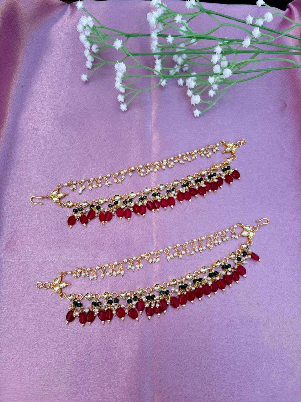The Naaz: Elegant Kundan, Pearl & Ruby-Red Beaded Ear Sahara
