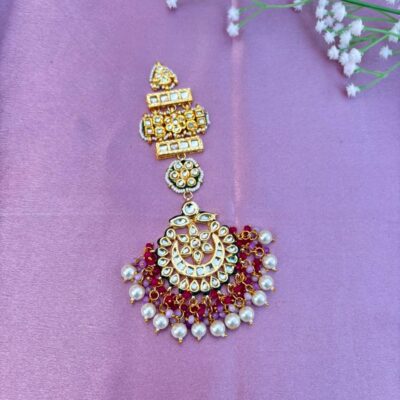 Gold Plated Kundan With White Pearl Maangtika